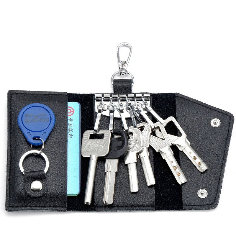 Opened Black Leather Key Holder, Top View, 6 Key Hooks, 1 Card Pocket, 1 Airtag Hook, White Background