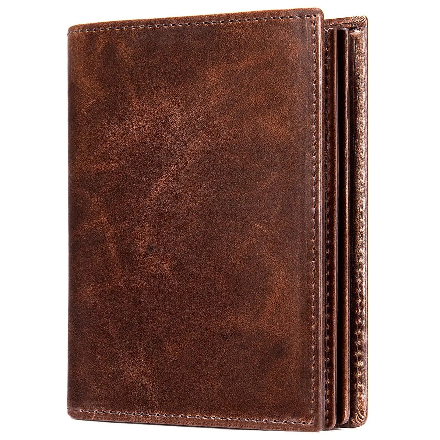 Brown Leather Wallet, Front View, Closed, White Background, Luxury Stitching and Materials