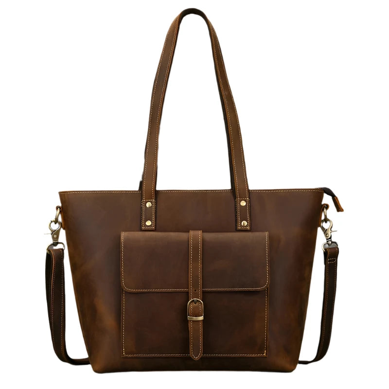 Brown Leather Tote Bag, Front View, Shoulder Strap and Carrying Handle, Front View, Metals Hardware and Zippers, White Background