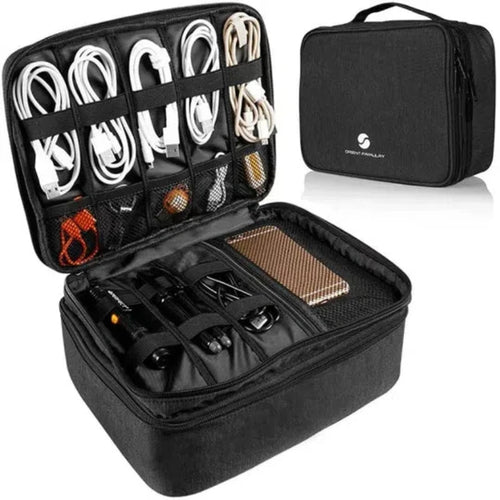 Black Canvas Cable Organizer, Front View, Filled with Cables and Chargers, White Background