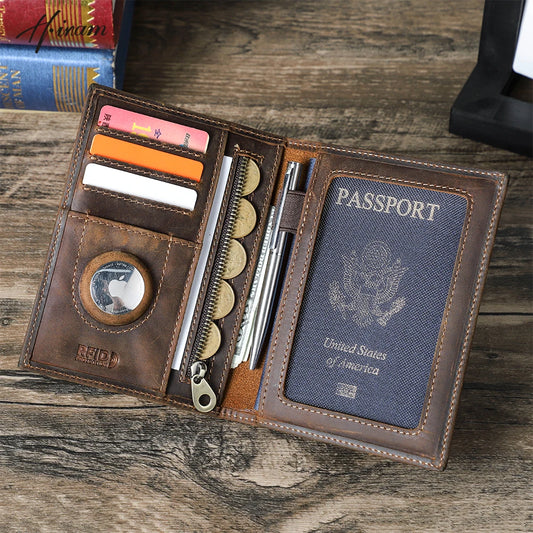 Brown Leather Passport Holder with Pockets for Passport, Apple-tag, Coins, Cards, Front, Wooden table with books as Background, RFID Protection