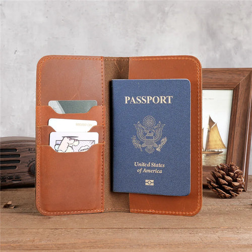 Red Brown Leather Passport Holder, Front View, Opened, Filled with Passport and Cards, Homely Background