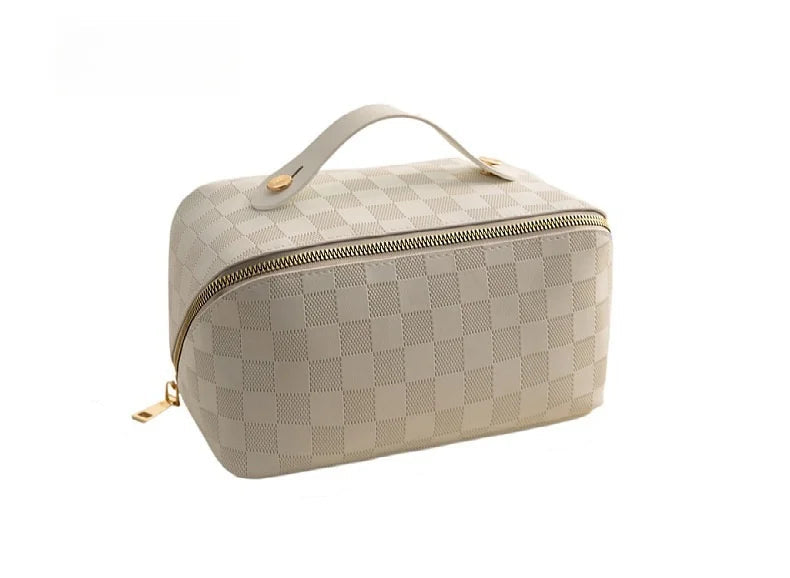White toiletry bag for women, Fancy material and look, Metal zipper, Front view, Handle, White background