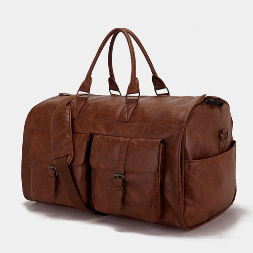 Brown Pu-Leather Duffle Bag, Front View, Two external pockets, Adjustable shoulder strap, Handle, White background